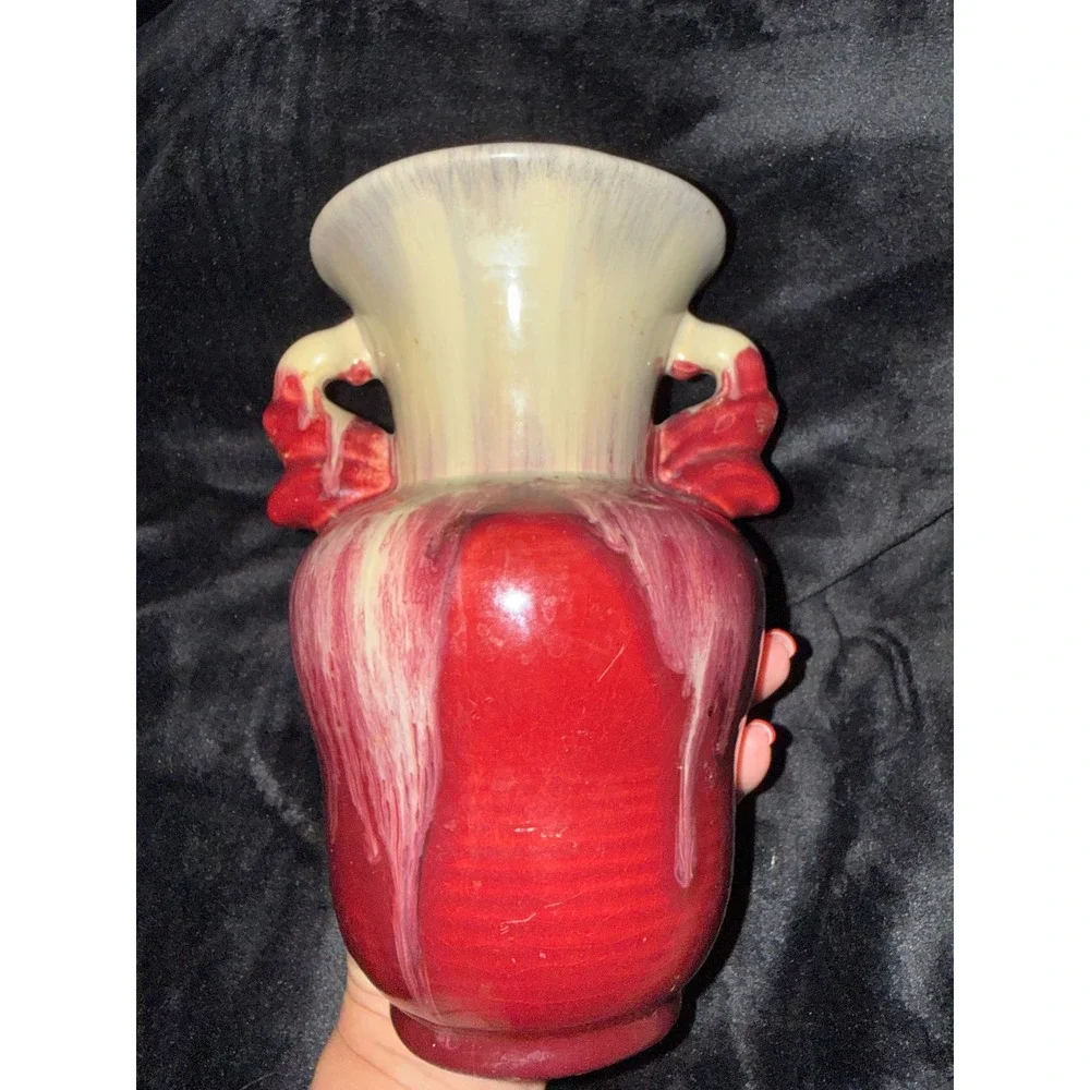 Vintage West German Pottery Drip Glaze Double Handled Vase Red Cream 8.5 Inch